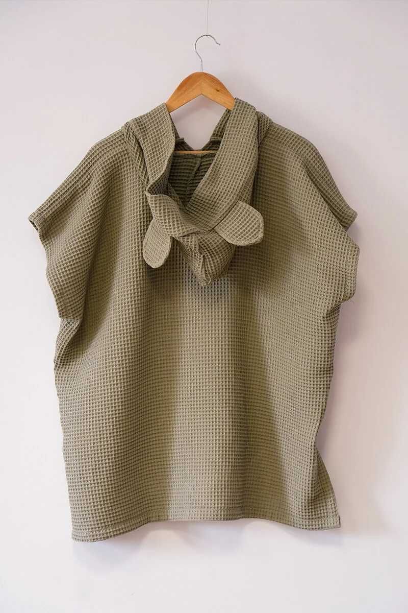 Ręcznik ponczo z kapturem M – 4–6 lat – bawełniany, oliwkowy, unisex