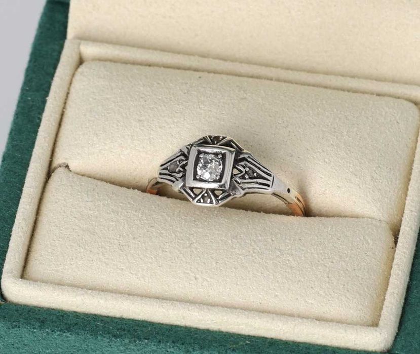 Pierścionek złoto + srebro + 4x rozeta diamentowa