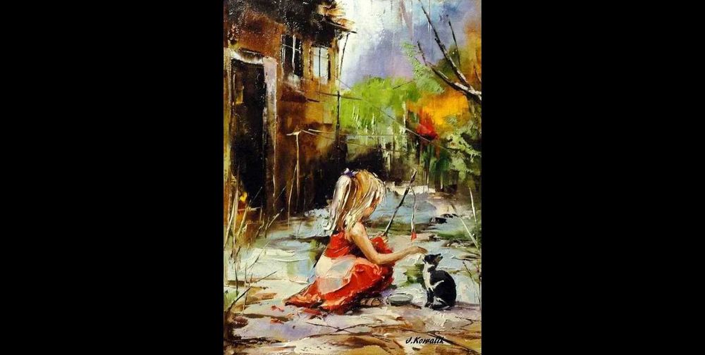 Kowalik - " Zabawa " - 30x40cm Obraz Olejny Kotek Dziewczynka