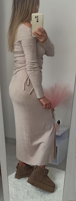 Zara komplet z wiskozą s 36 top spódnica beżowy