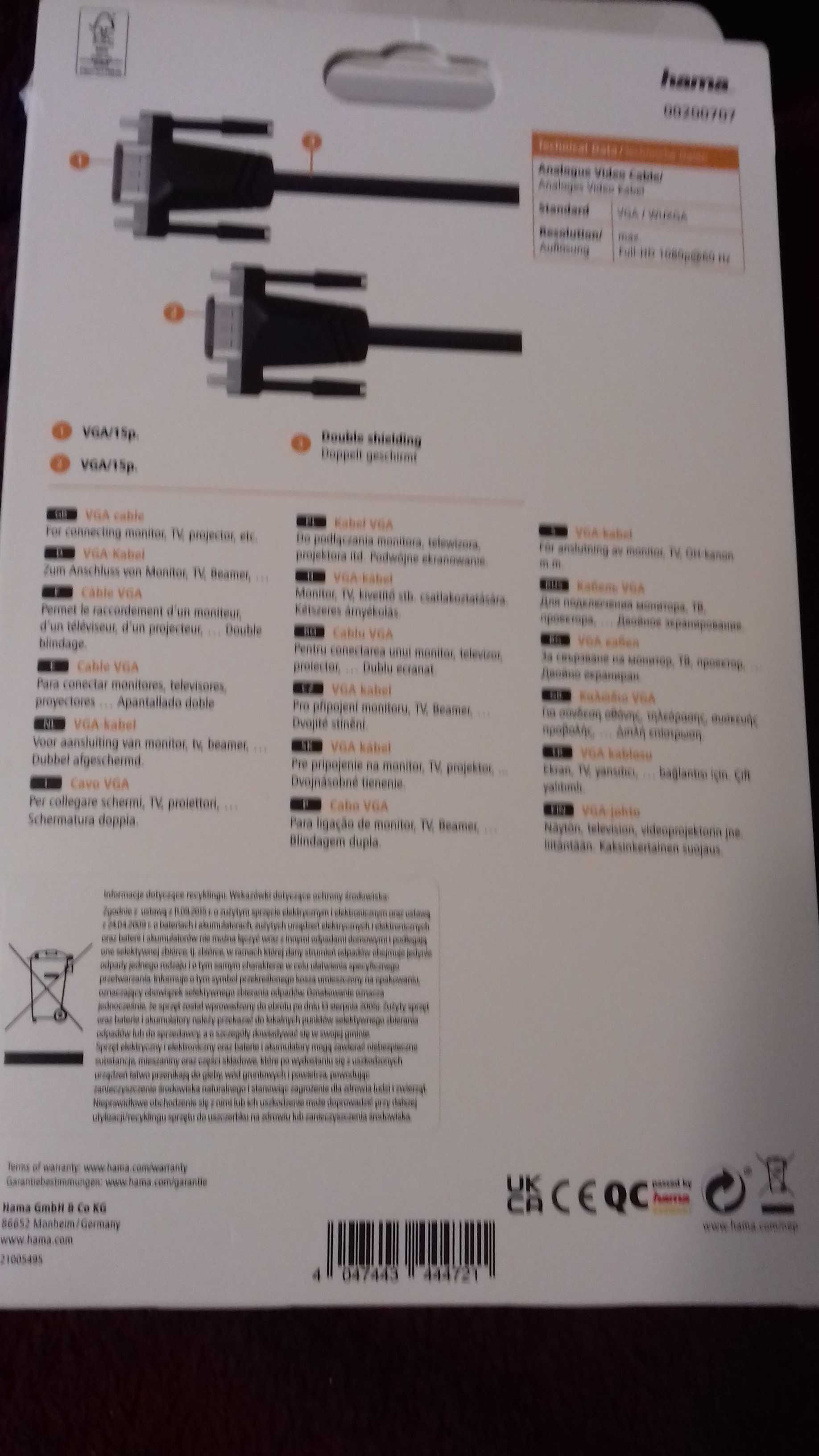 Kabel do monitora VGA D- SUB 1,5m  HAMA  nowy