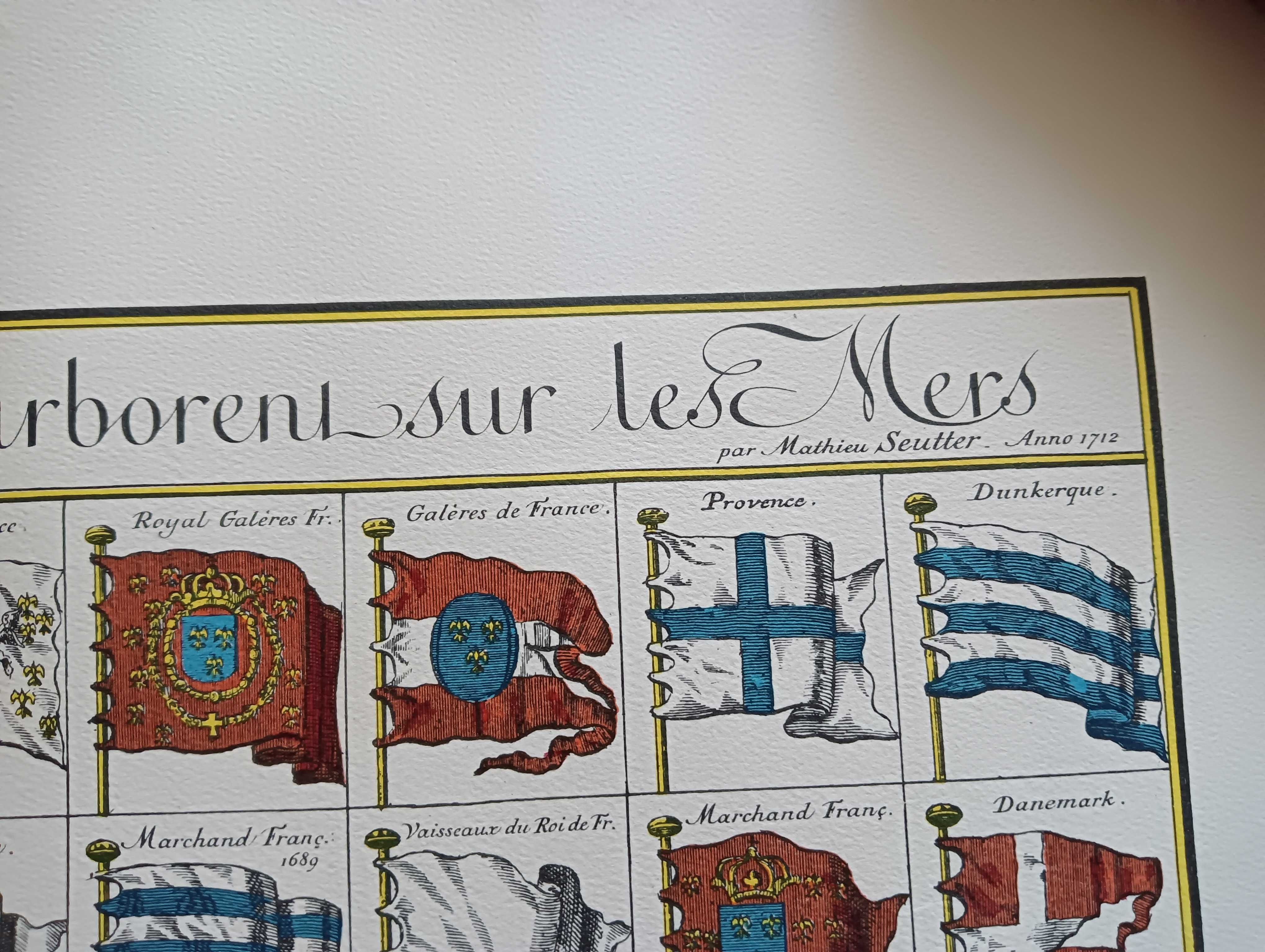 Barwna litografia Stare morskie bandery Mathieu Seutter 1712 Do oprawy