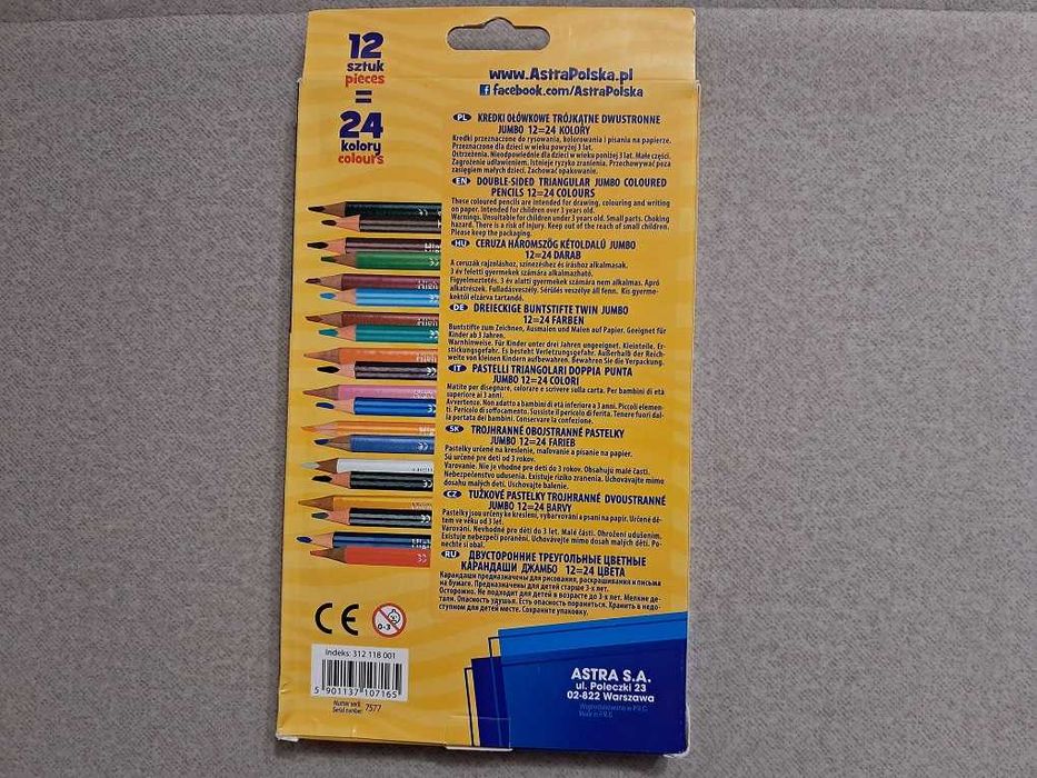 ASTRA Kredki ołówkowe trójkątne dwustronne JUMBO 12 sztuk