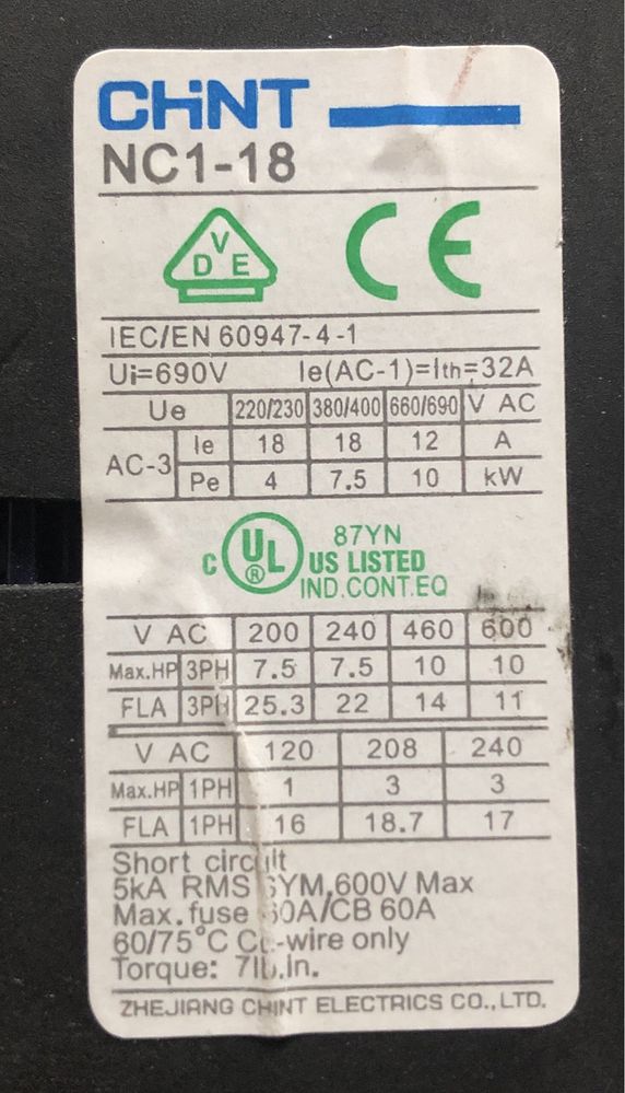 Stycznik Chint NC1-1810, 32A 3-fazy