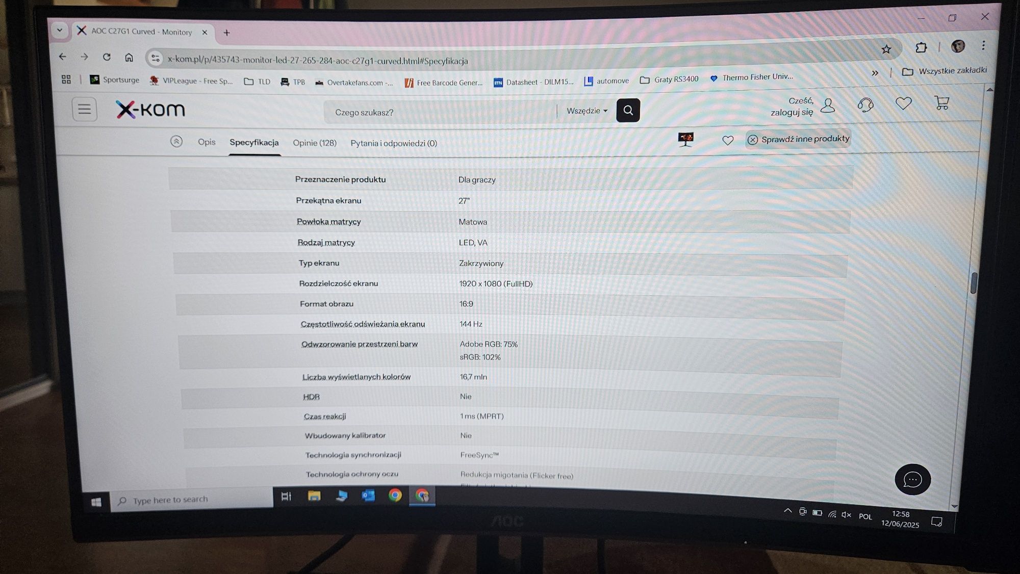 2x Monitor AOC 1080p 144hz 27" curved 1ms