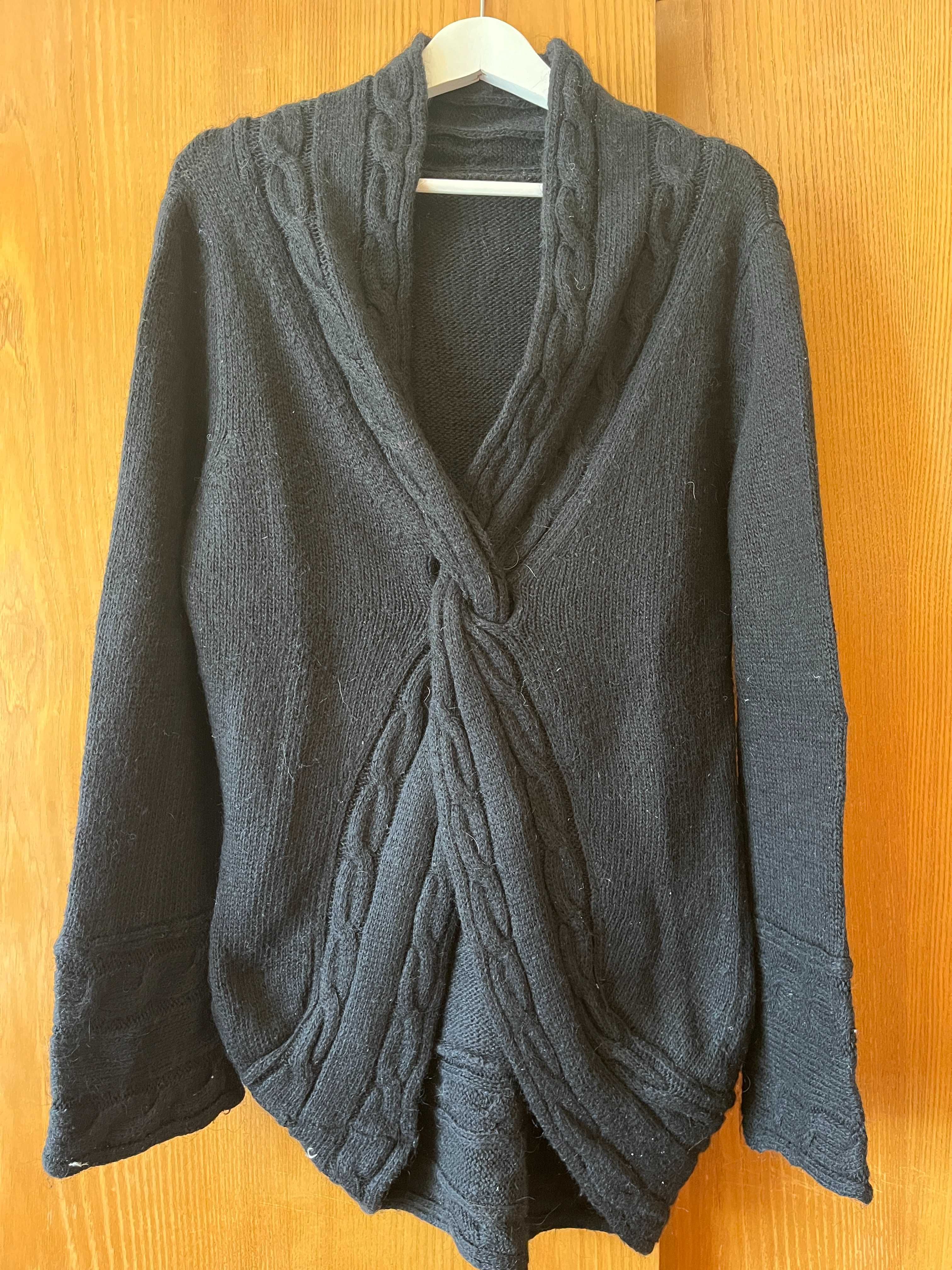 Sweter czarny długi, gruby, pleciony, M/L, Moher 30%