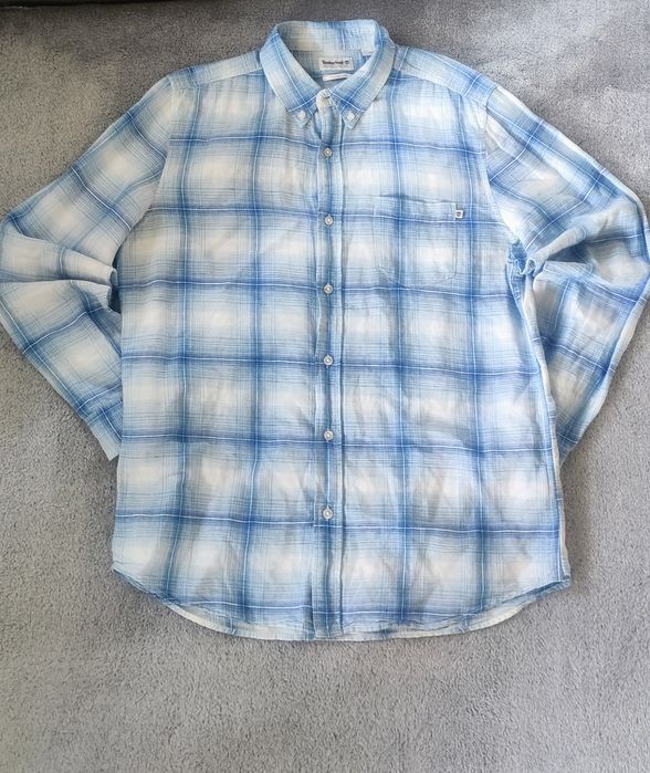 Modna koszula długi rękaw w kratę Timberland M 65% len 35% bawełna