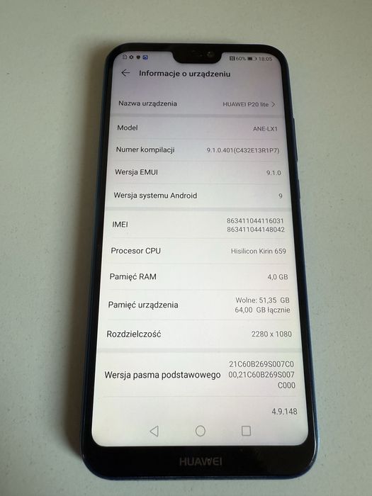 Huawei P20 lite 4/64gb Blue ładny i zadbany