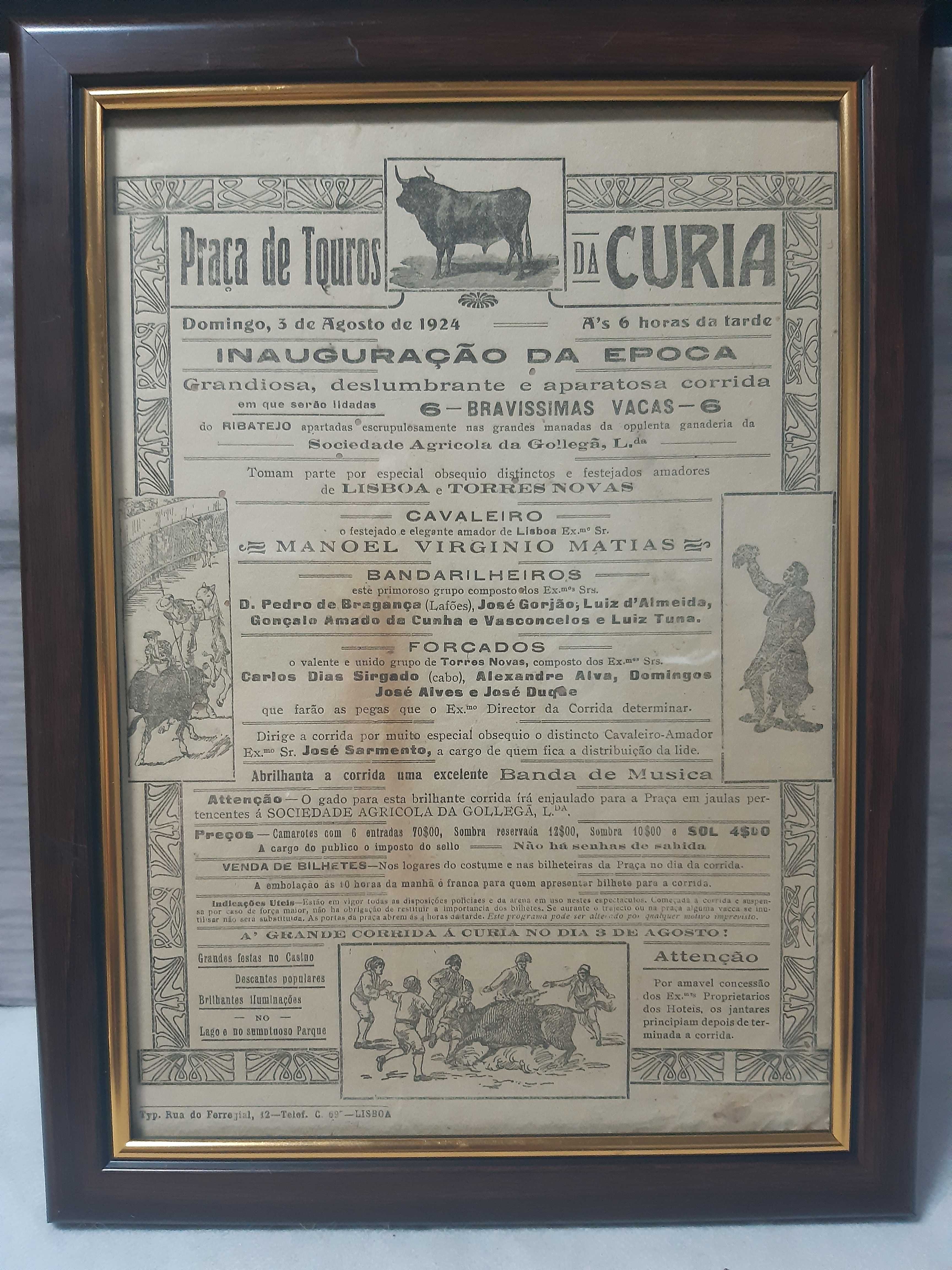 Cartaz em papel Praca de Touros da Curia 1924.