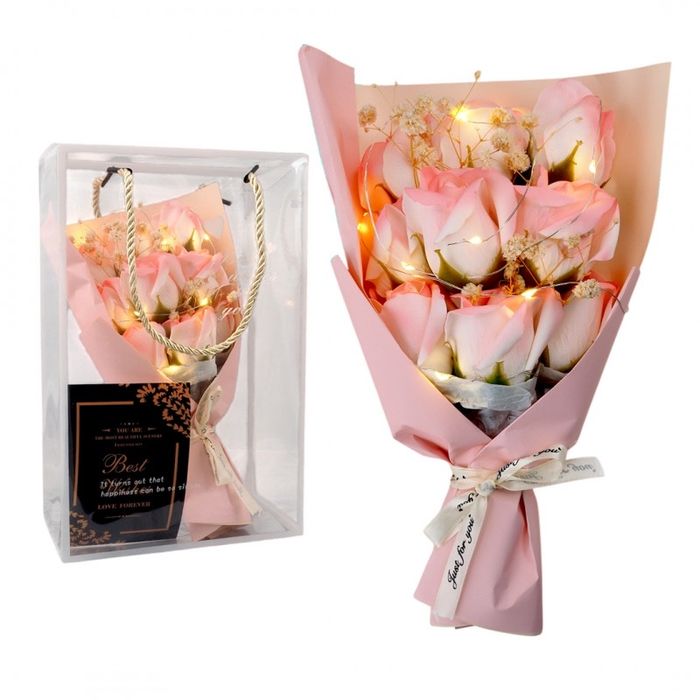 Bukiet zapachowych kwiatow mydlanych w pudelku, roze na prezent swiece
