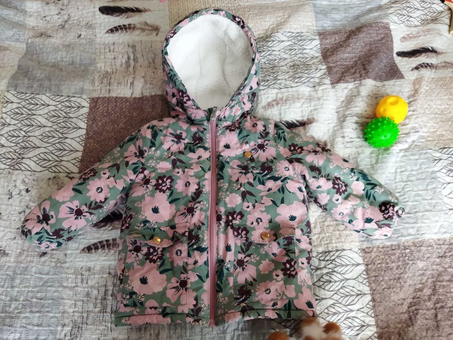 Kurtka z kożuchem dla dziewczynki 86/92 PEPCO zielona w różowe kwiaty