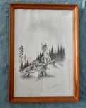 Obrazek/rysunek "Rysia rodzina", oszklony, l. 90 XX w., 49 x 35 cm