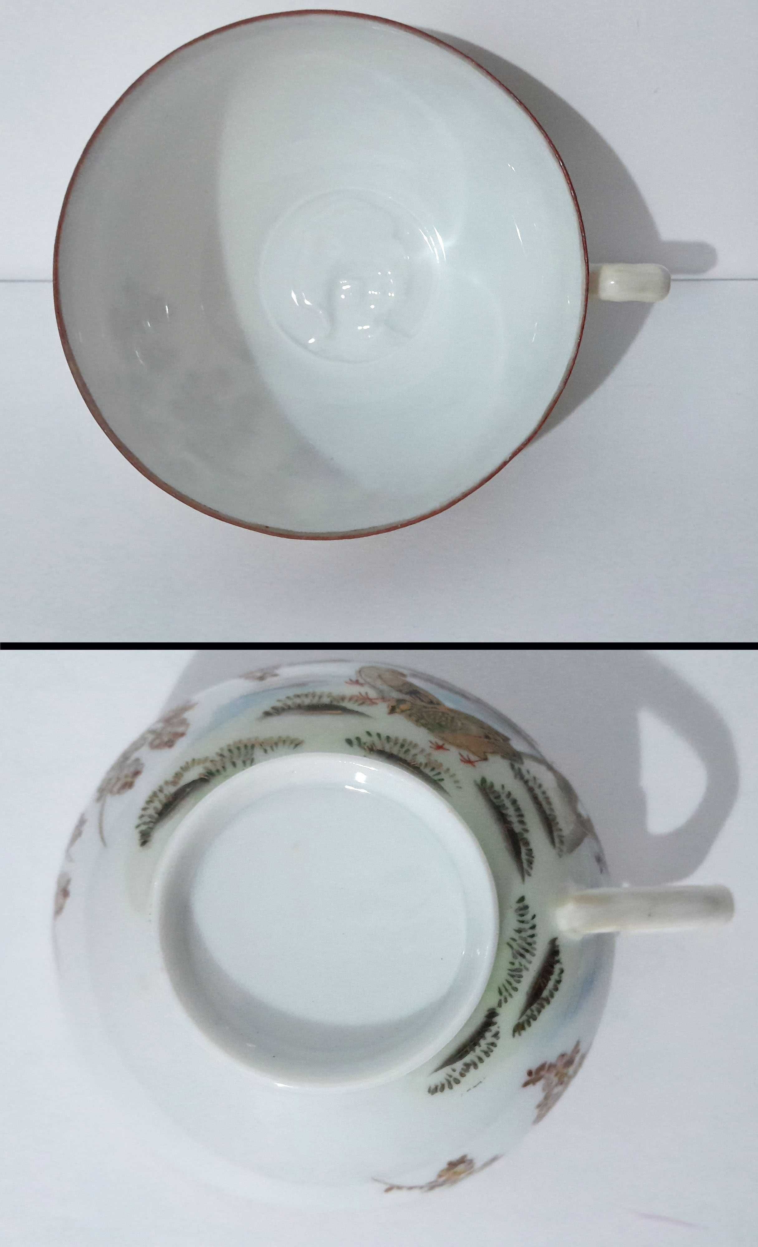 Prato e chávena de chá c/motivos orientais porcelana casca de ovo