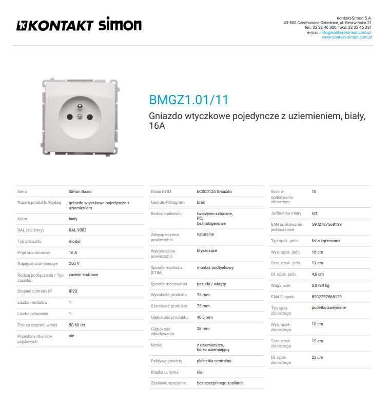 Simon Basic BMGZ1.01/11 Gniazdo wtyczkowe pojedyncze z uziemieniem