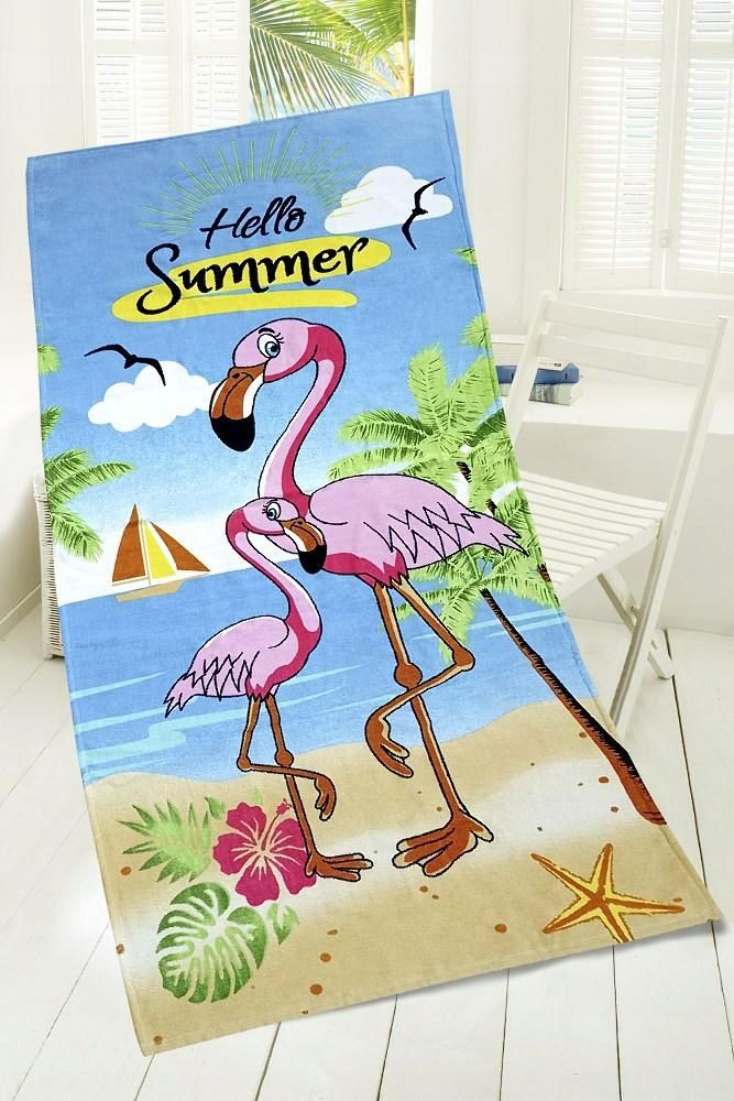 Ręcznik plażowy 75x150 Hello Summer flamingi niebi