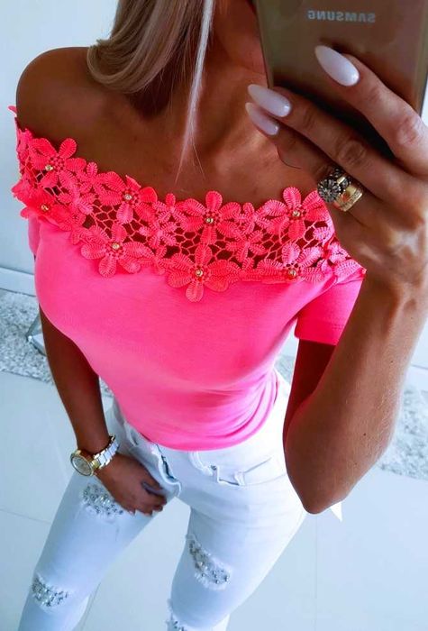 Neonowy róż bluzka hiszpanka kwiaty cyrkonie