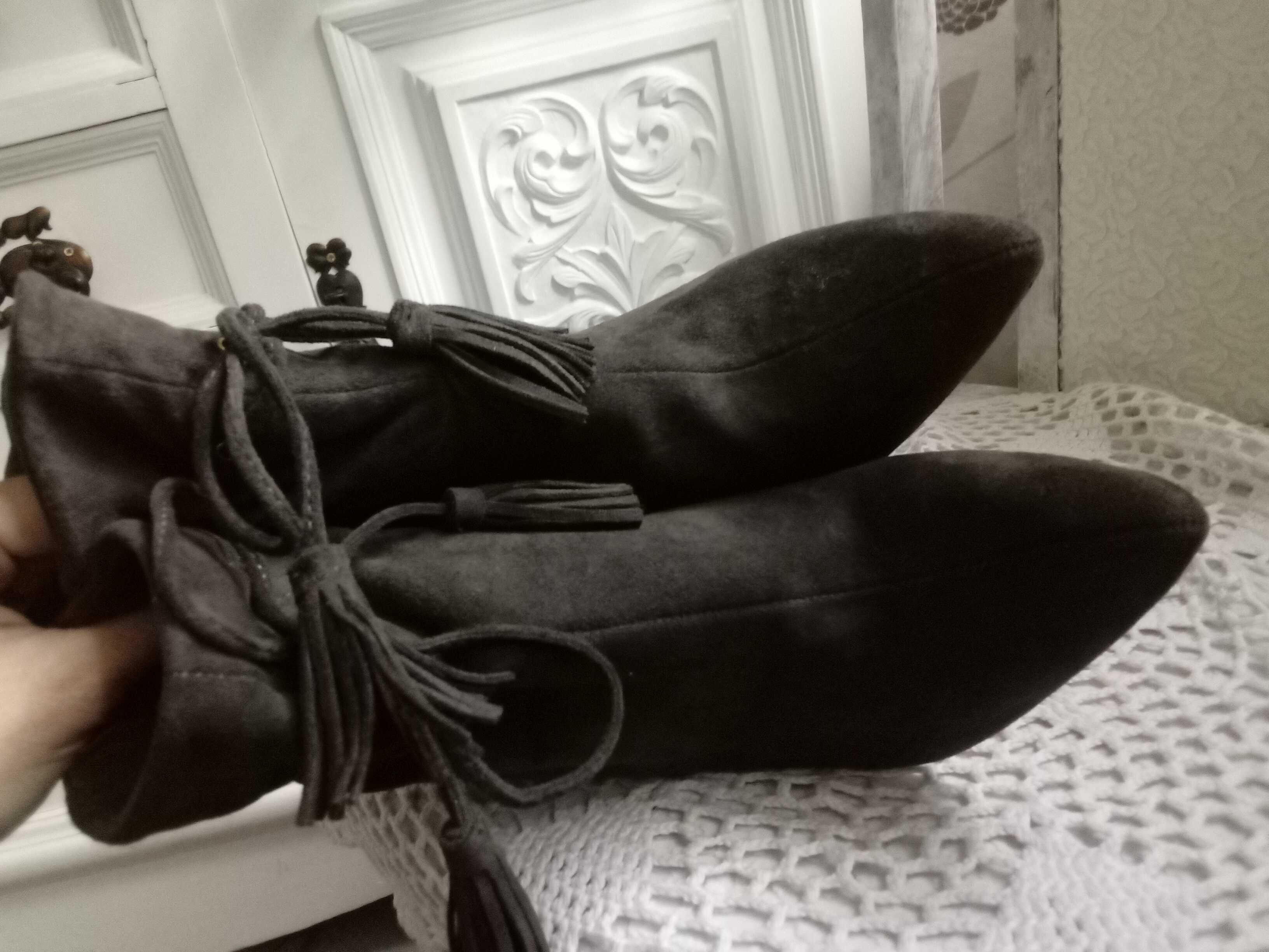 prawie NOWE buty 37 botki oryginalne zamszowe szpilki zimowe ocieplane