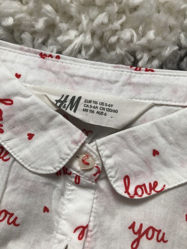 H&M 116 walentynkowa koszula w serduszka z kolnierzem biala love