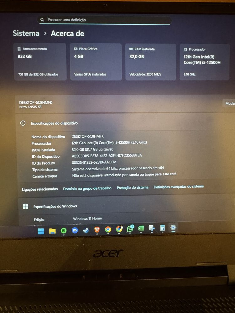 Portatil laptop Acer Nitro 32gb ram