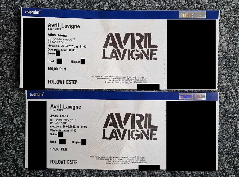Avril Lavigne Tour 2023, koncert w Łodzi (30.04.23);dwa bilety trybuna