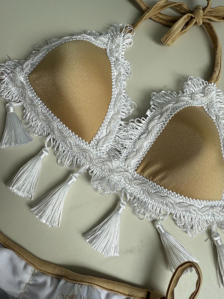Beżowy strój kąpielowy dwuczęściowy boho z frędzelkami push up Opium