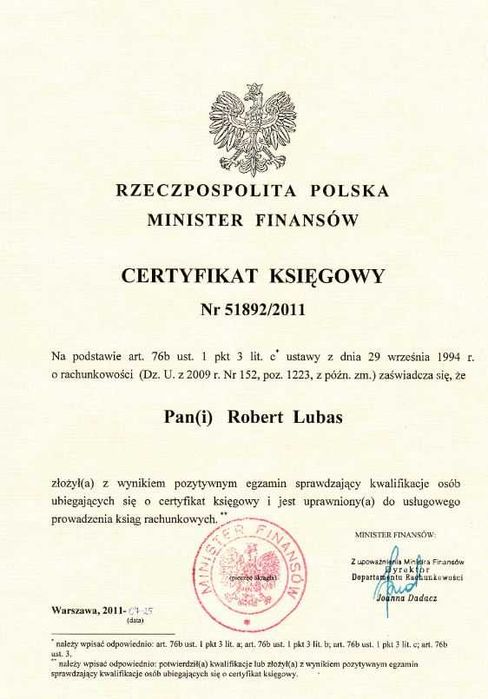 Biuro rachunkowe. Usługi księgowe. Certyfikat Min. Finansów. Od 150 zł