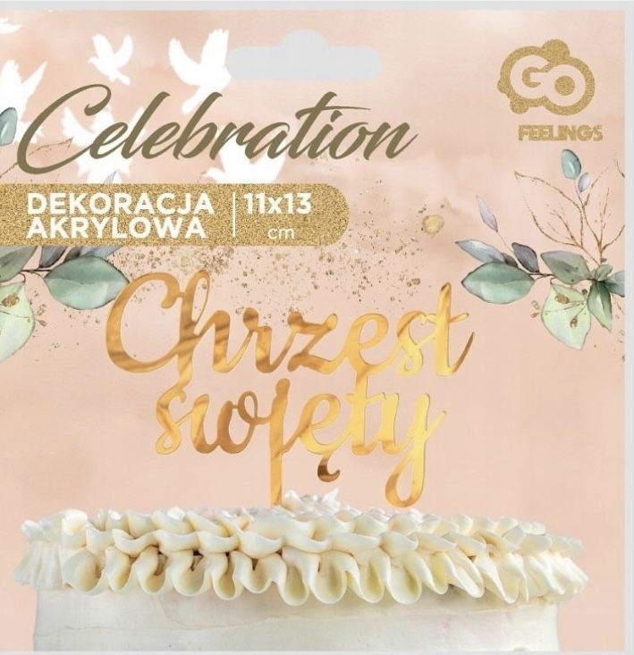 Dekoracja akrylowa na tort Chrzest Święty, złota, 11x13 cm