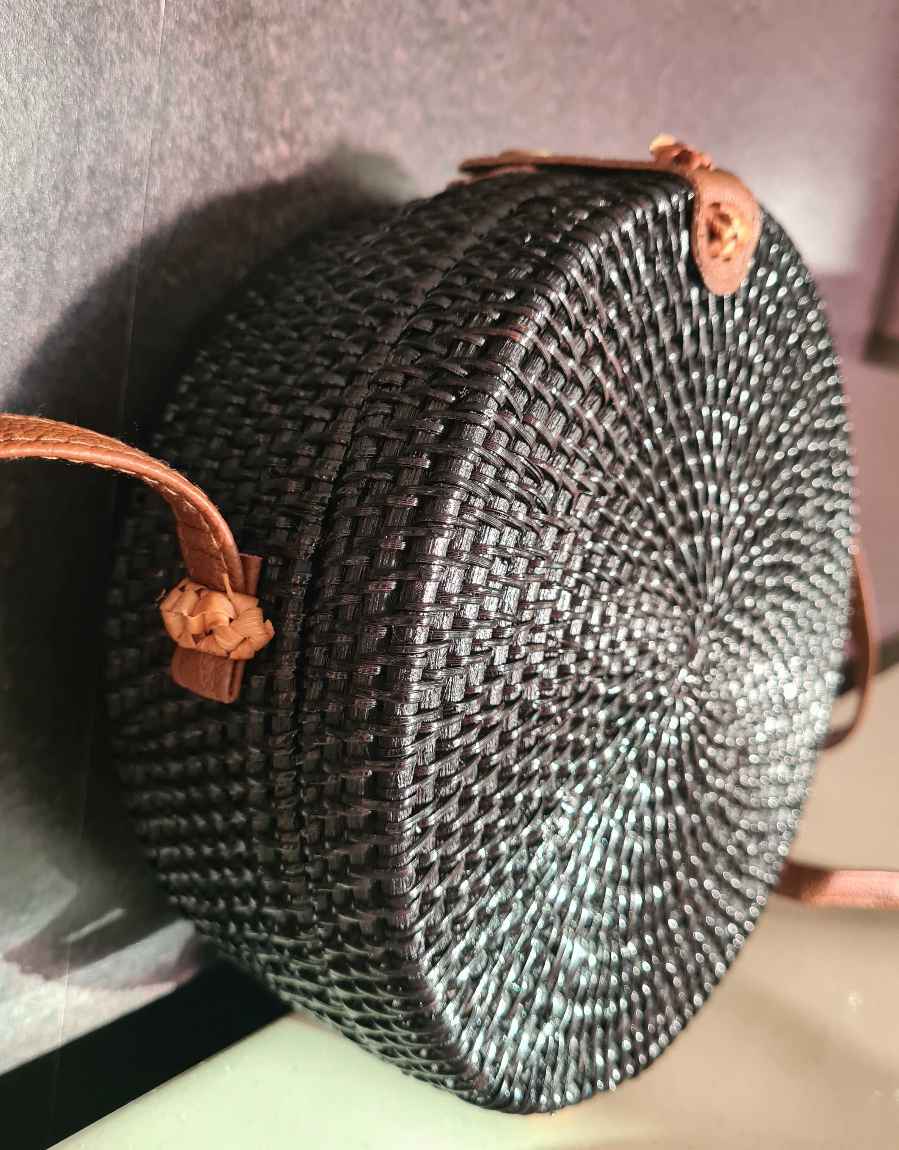 Bolsa Carteira Palhinha entrelaçada Preta redonda Mala Moda verão