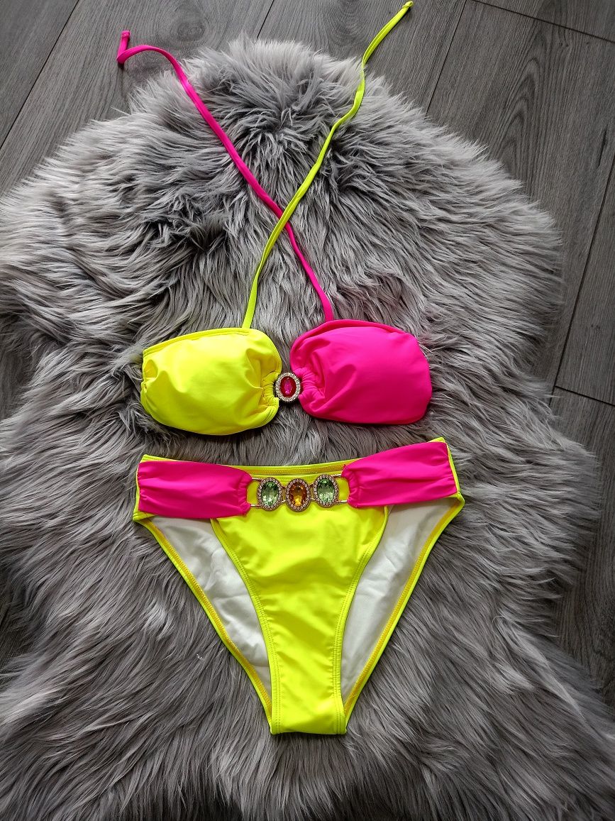 Bikini strój kąpielowy neon różowy żółty cyrkonie kamienie kryształki