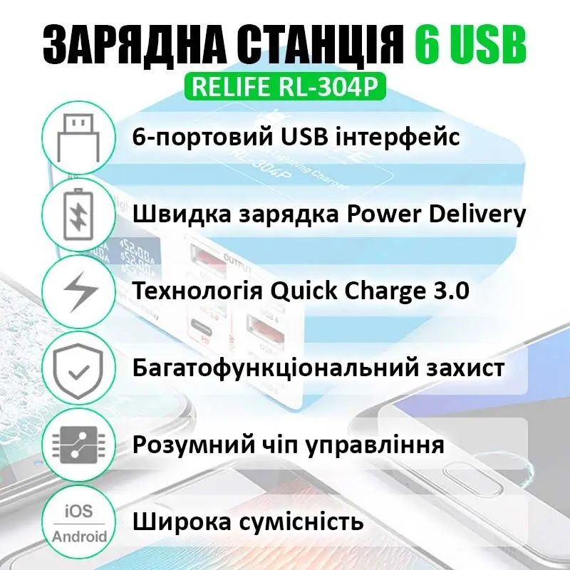 Быстрое зарядное устройство RELIFE RL-304P / 4xUSB / 1xType-C PD3.0 /