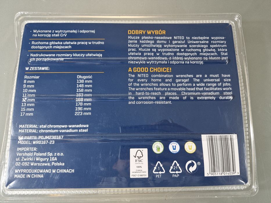 Klucze Plasko-Nasadowe Przegubowe Niteo 8 szt. CRV