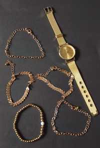 Złoty klasyczny damski zegarek plus branzoletki