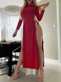 Sukienka suknia długa z rozporkami czerwona seksowna na randkę XS