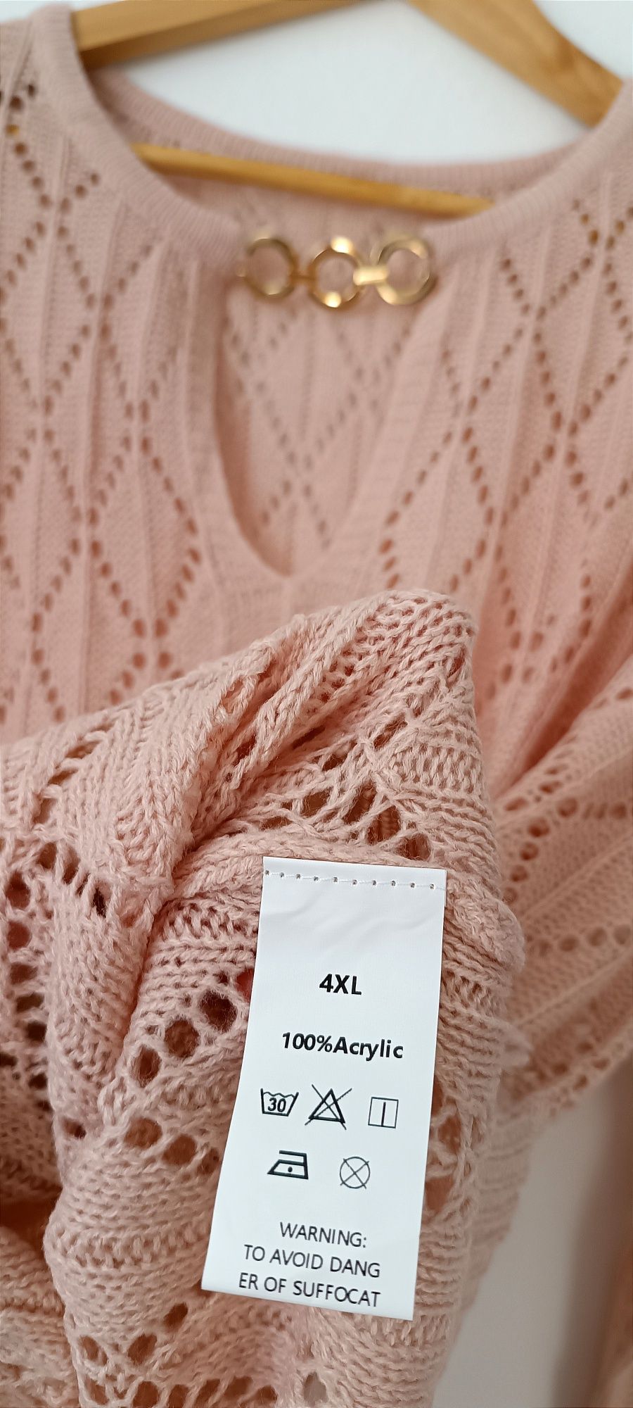 NOWY elegancki ażurowy sweter r. 4 XL z łańcuchem - lotosowy róż