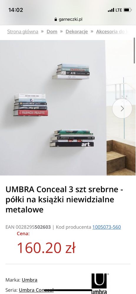 UMBRA Conceal 3 szt srebrne półki na książki niewidzialne metalowe