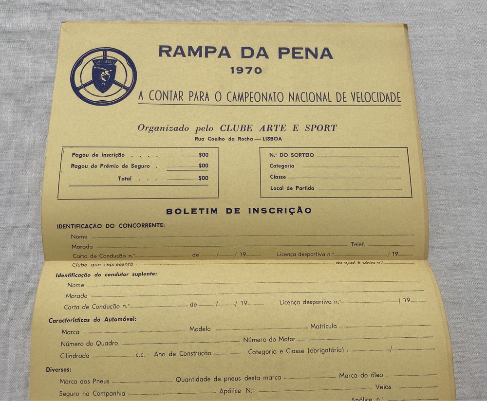 Catálogo regulamento rali velocidade Rampa da Pena Sintra 1970