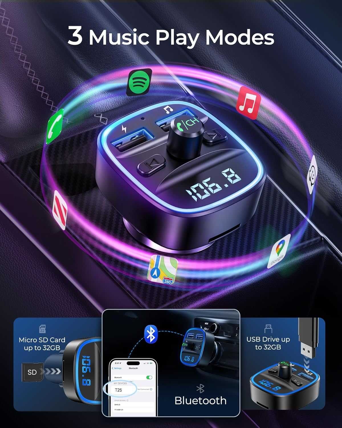 Transmiter FM Bluetooth 2xUSB microSD ładowarka LCD mikrofon, MP3,