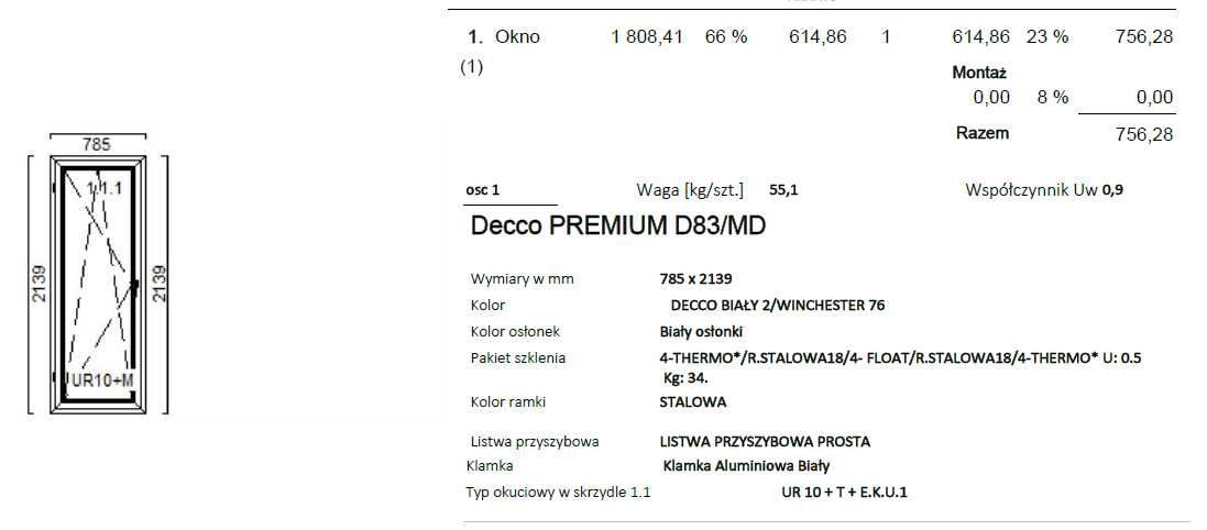 Okno 785 x 2139 biały/winchester 3 szyby #OK120