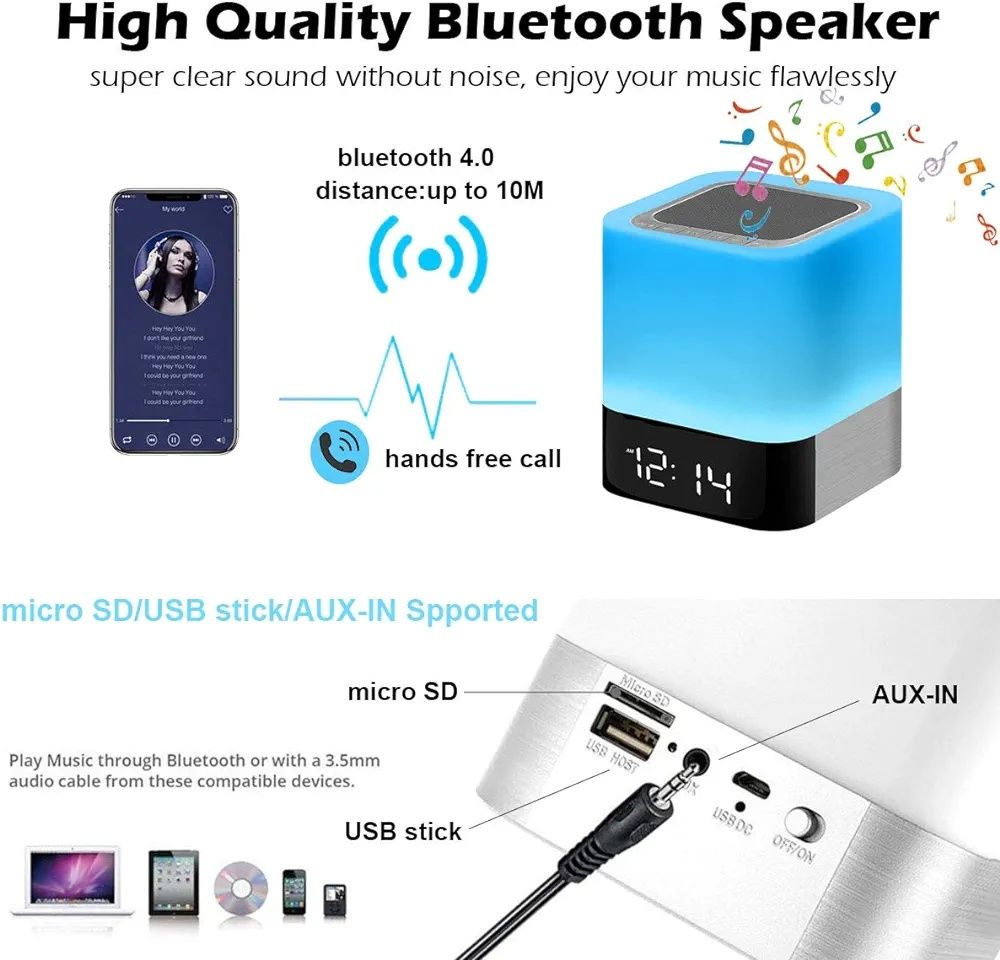 Głośnik Bluetooth 4w1  ze światłem zegar budzik