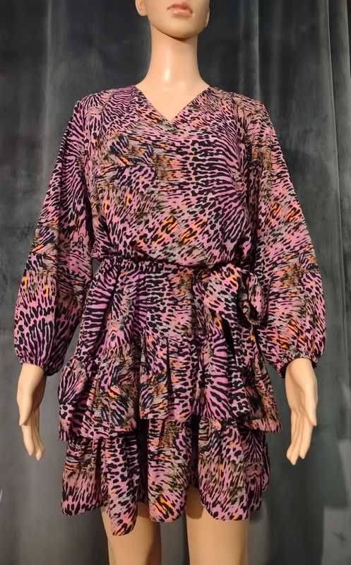 XS S M sukienka boho animal print falbany na 2 sposoby wiskoza jakość