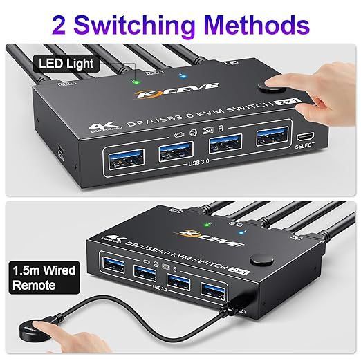 YOUTINGHDAV Przełącznik KVM USB 3.0 DisplayPort 2 PC 1 Monitor 4K 144