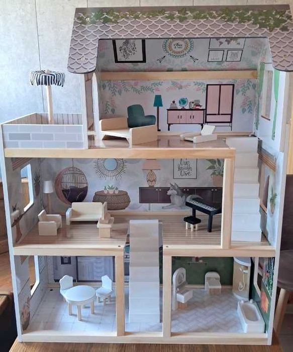 Drewniany Domek dla Lalek Oświetlenie Led Mebelki 3 Piętra