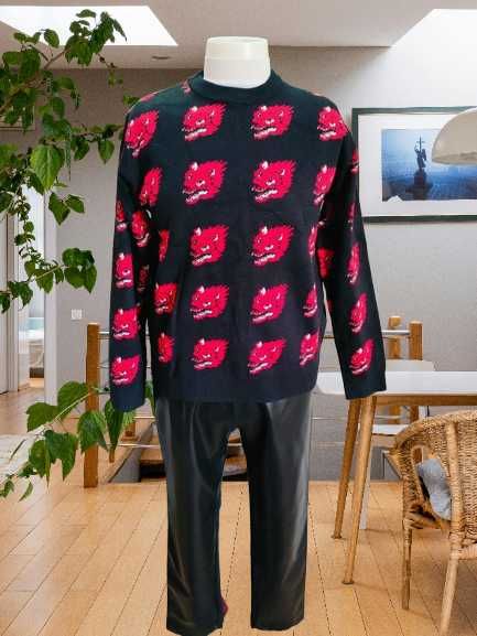 Męski sweter oversize czarno-czerwony – wzór smoka