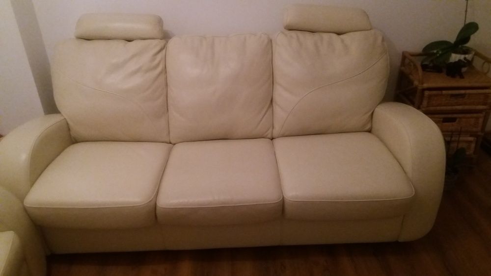 Komplet wypoczynkowy skora skorzany relax bezowy kremowy sofa mb fotel