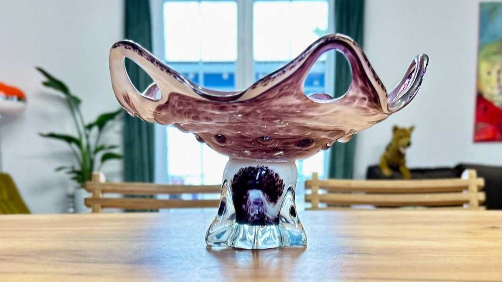 Patera misa na stopce 28cm szkło czeskie PRL Vintage styl Murano