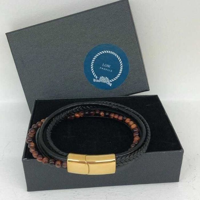 Pulseira multifacetada de couro/aço/pedras