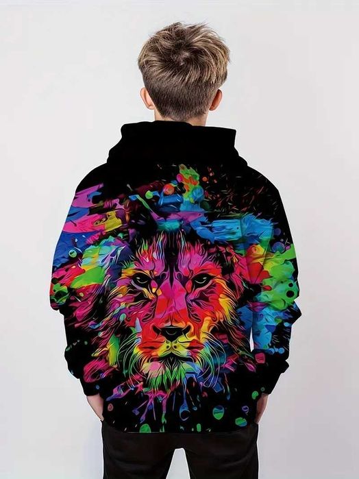 WYPRZEDAŻ Bluza chłopięca 3D z lwem kangurka i kaptur r. 150