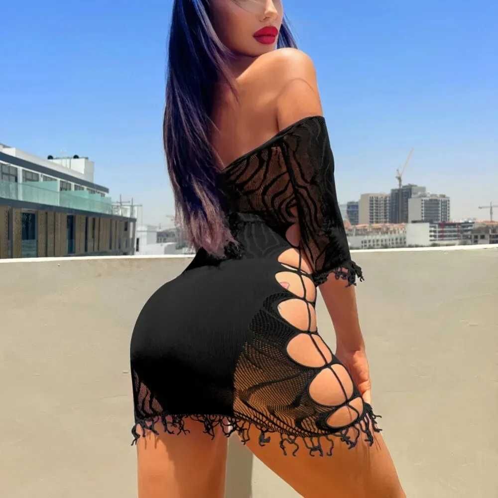 Sexy kabaretki bez Bikini sukienka Bodycon z długim rękawem czarny