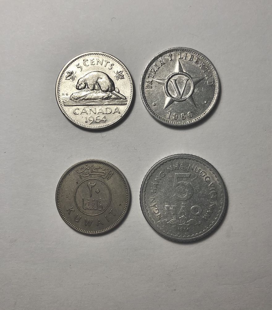 Монета 5 центов Канада, 5 сентаво Куба, 20 филсов Кувейт,5 хао Вьетнам