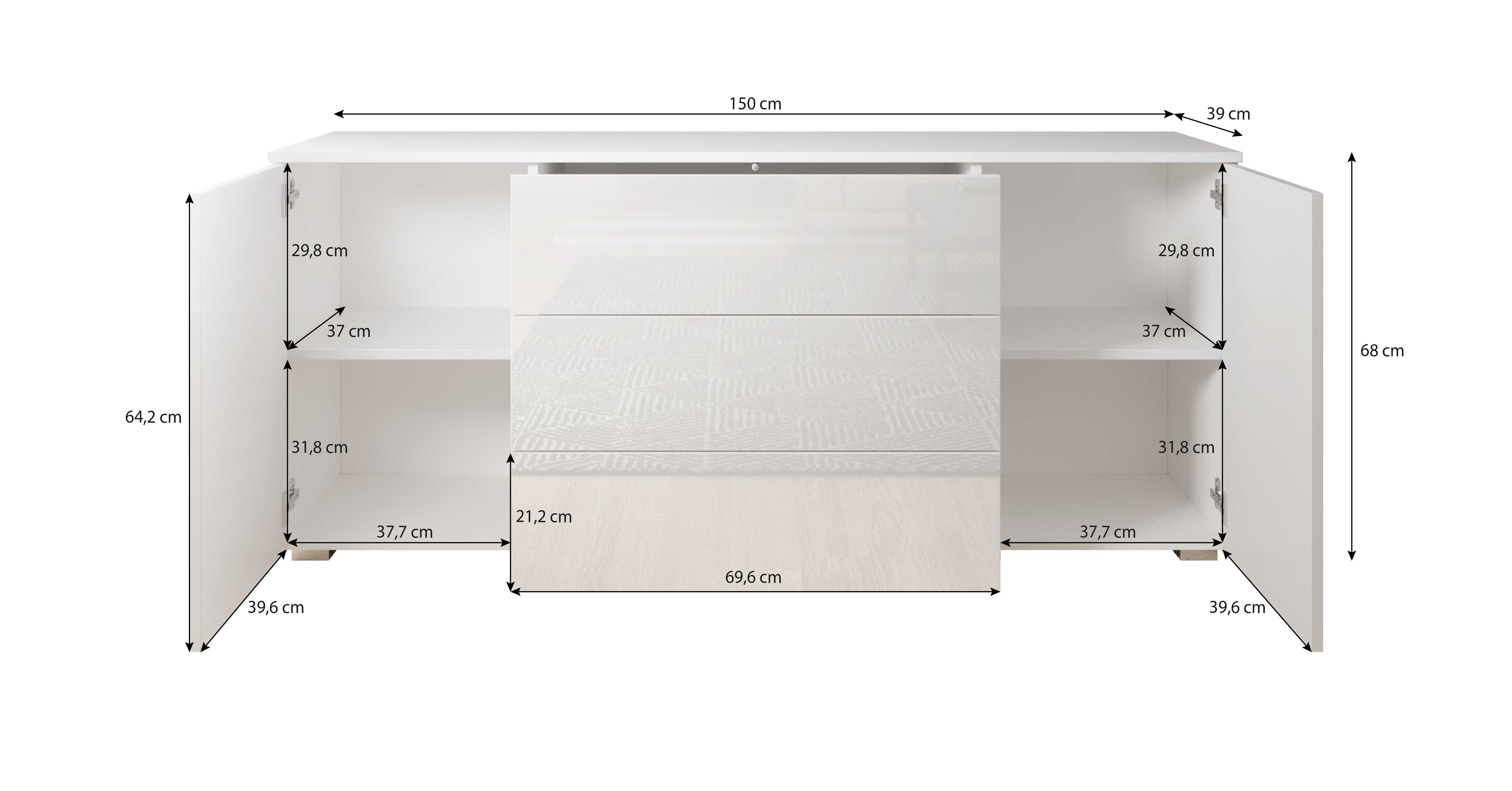 Dwudrzwiowa Komoda PRIS 150 cm szuflady półki, DARMOWA DOSTAWA!